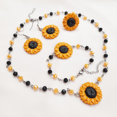 ست کامل گل آفتابگردان استیل رنگ ثابت قابل تنظیم سایز گوشواره گردنبند دستبند بدلیجات زیورالات اکسسوری